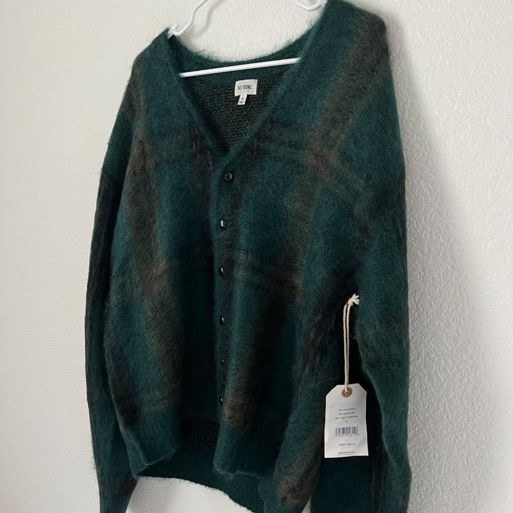 $495 NWT RE/DONE EMERALD PLAID 60S VNECK CARDIGAN SWEATER SZ MEDIUM - Picture 5 of 8